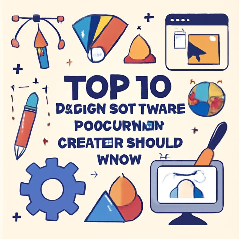 Colorful illustrations of design tools and software with the text "Top 10 Design Software Creators Should Know.