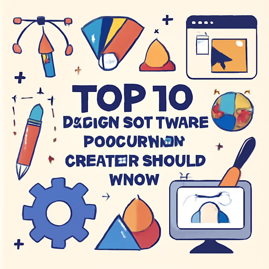Colorful illustrations of design tools and software with the text "Top 10 Design Software Creators Should Know.