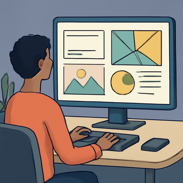 A person in an orange shirt sits at a desk, working on a computer displaying colorful graphs and images.