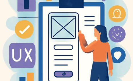 A woman in an orange sweater interacts with a digital mockup on a clipboard, surrounded by UX design icons.