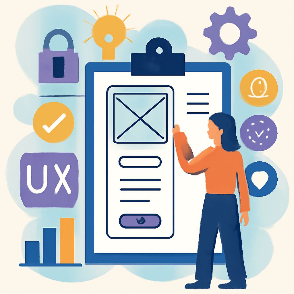 A woman in an orange sweater interacts with a digital mockup on a clipboard, surrounded by UX design icons.