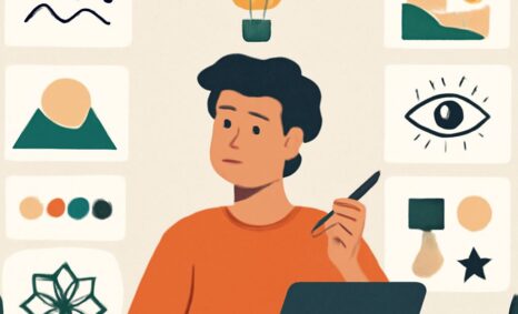 A person in an orange shirt sits at a laptop, pondering ideas with sketches and designs displayed around them.