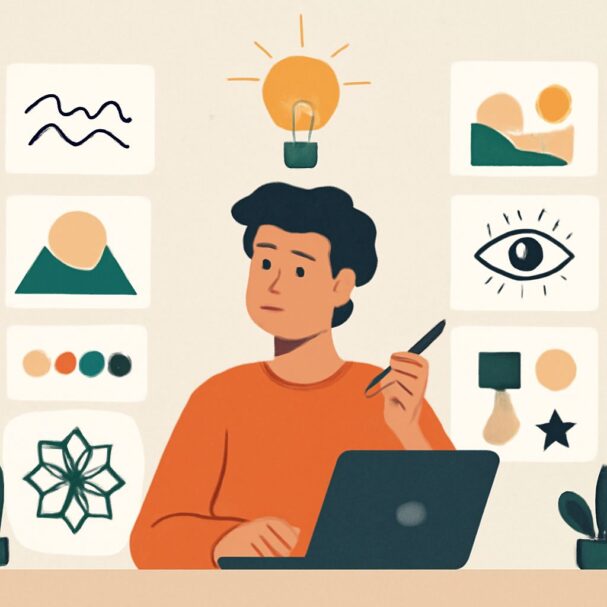 A person in an orange shirt sits at a laptop, pondering ideas with sketches and designs displayed around them.