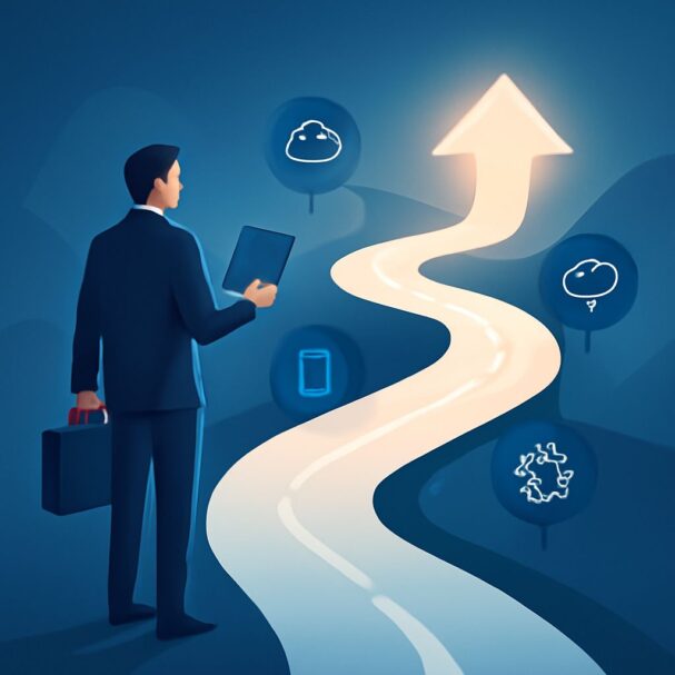 A businessman in a suit holds a tablet while standing on a winding road illuminated by an upward arrow, surrounded by te