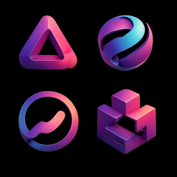 Four colorful 3D logo designs featuring a triangle, a swirling globe, a circular shape with a wave, and a blocky structu