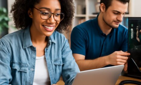 A woman with curly hair and glasses smiles while typing on a laptop, while a man in a blue shirt works on a monitor near