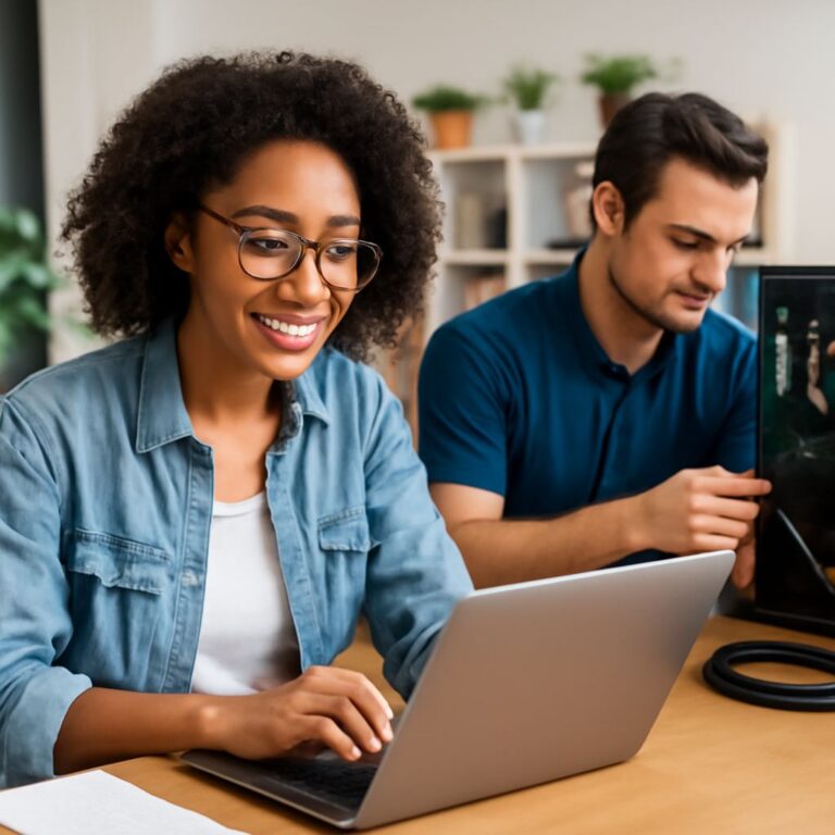 A woman with curly hair and glasses smiles while typing on a laptop, while a man in a blue shirt works on a monitor near
