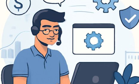 A young man with glasses and a headset works on a laptop, surrounded by icons representing support and technology.