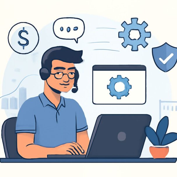 A young man with glasses and a headset works on a laptop, surrounded by icons representing support and technology.