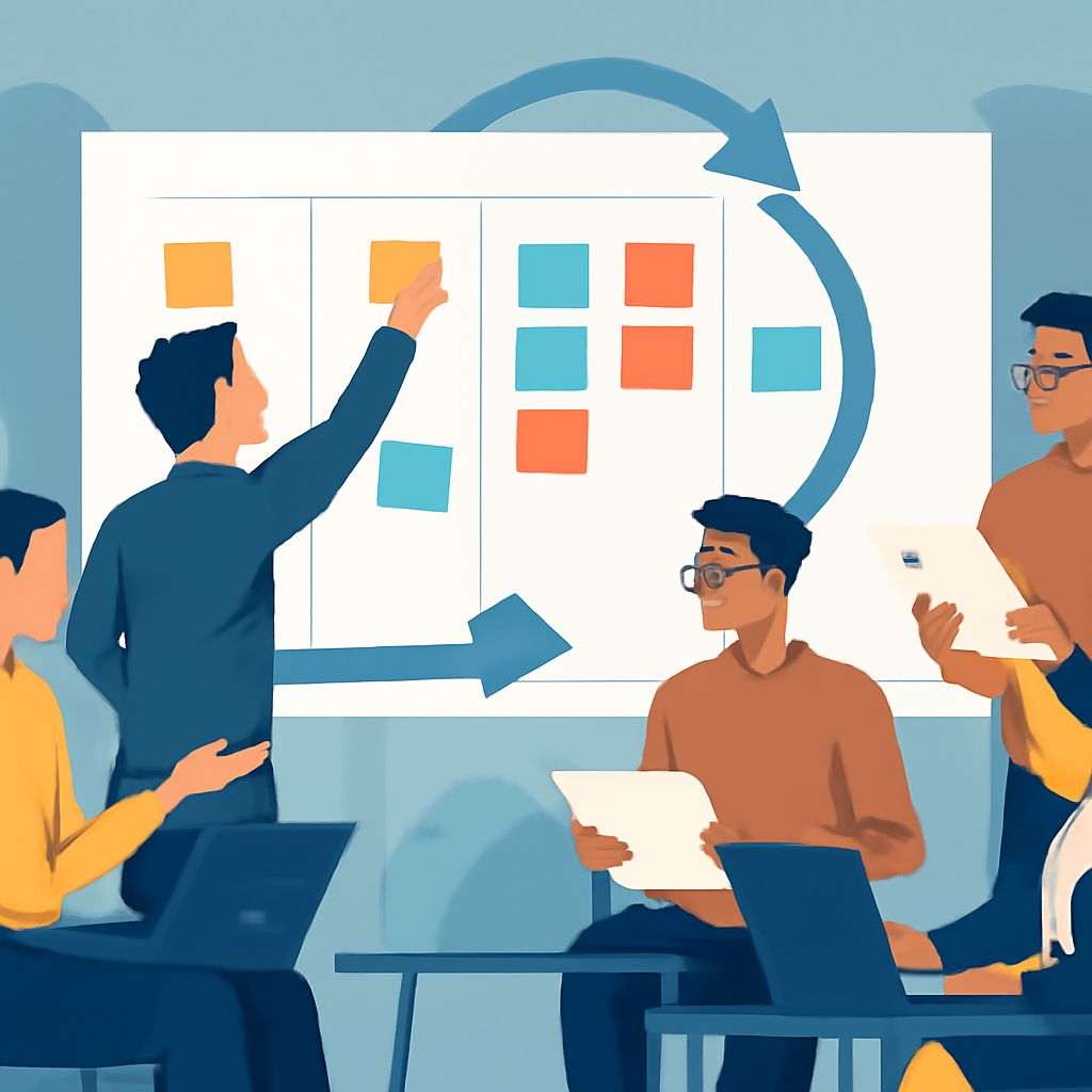 A diverse group of five people collaborates in a meeting, discussing strategies while interacting with a whiteboard and