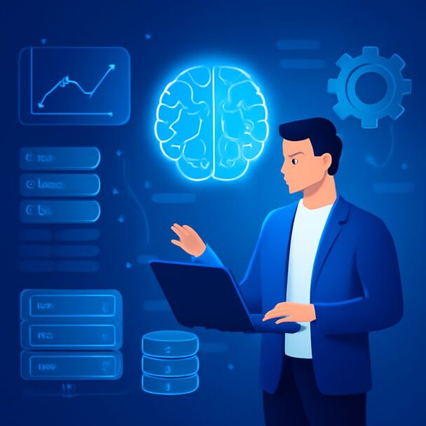 A man in a blue blazer uses a laptop while analyzing data and a glowing brain graphic in a tech-themed environment.