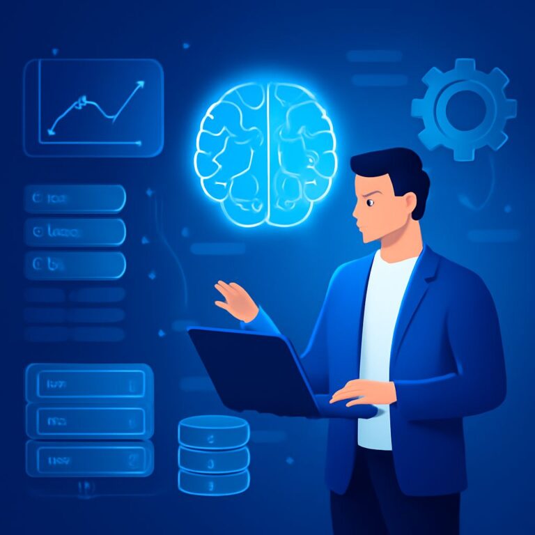 A man in a blue blazer uses a laptop while analyzing data and a glowing brain graphic in a tech-themed environment.