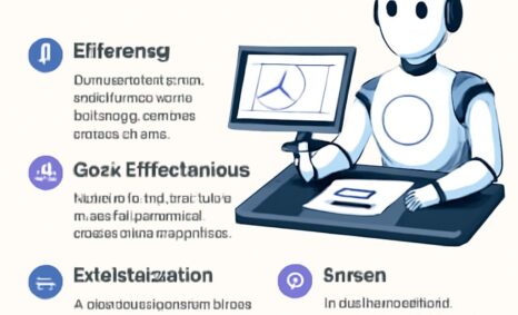 A robot character sits at a desk, displaying logo design benefits on a computer screen with bullet points.