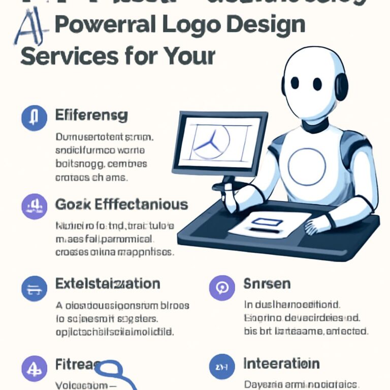 A robot character sits at a desk, displaying logo design benefits on a computer screen with bullet points.