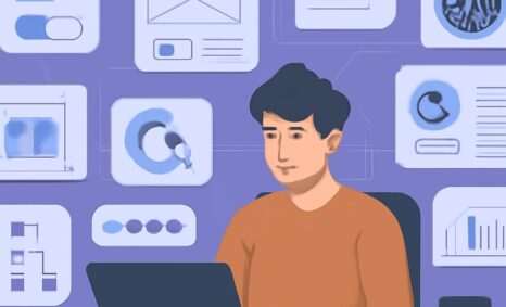 A young man in an orange sweater works on a laptop, surrounded by UI/UX design elements on a purple background.