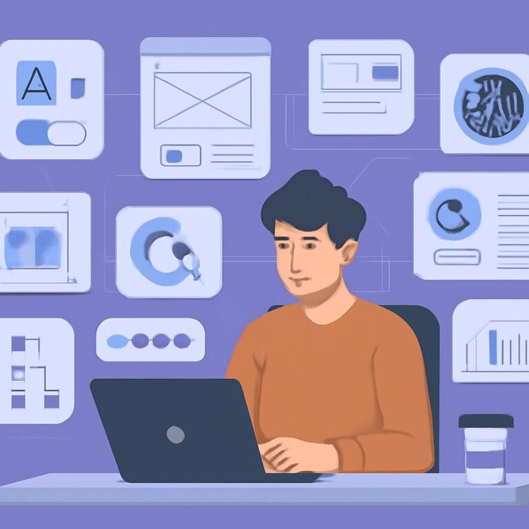 A young man in an orange sweater works on a laptop, surrounded by UI/UX design elements on a purple background.