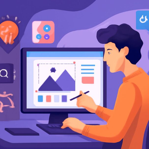 A person in an orange sweater uses a stylus to design graphics on a computer screen surrounded by colorful icons.