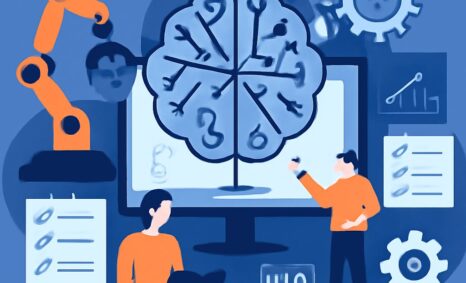 A robotic arm and two individuals interact with a large screen displaying a brain-like diagram and various technical ele