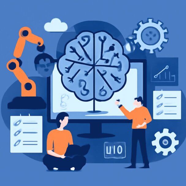 A robotic arm and two individuals interact with a large screen displaying a brain-like diagram and various technical ele