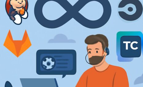 A man in an orange shirt uses a laptop while wearing a headset, surrounded by various DevOps tool logos and icons.