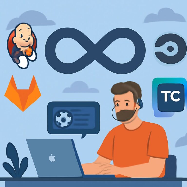 A man in an orange shirt uses a laptop while wearing a headset, surrounded by various DevOps tool logos and icons.
