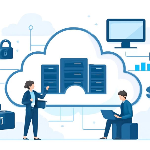 A woman in a blue suit holds a briefcase while a man in a blue sweater works on a laptop, surrounded by cloud storage ic