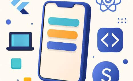 A smartphone displays colorful buttons and is surrounded by symbols representing coding, design, and technology.
