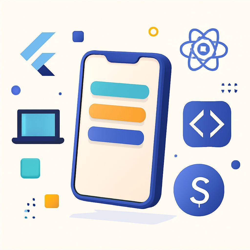 A smartphone displays colorful buttons and is surrounded by symbols representing coding, design, and technology.