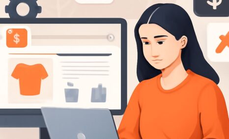 A woman in an orange shirt works on a laptop, analyzing e-commerce data displayed on a large monitor.