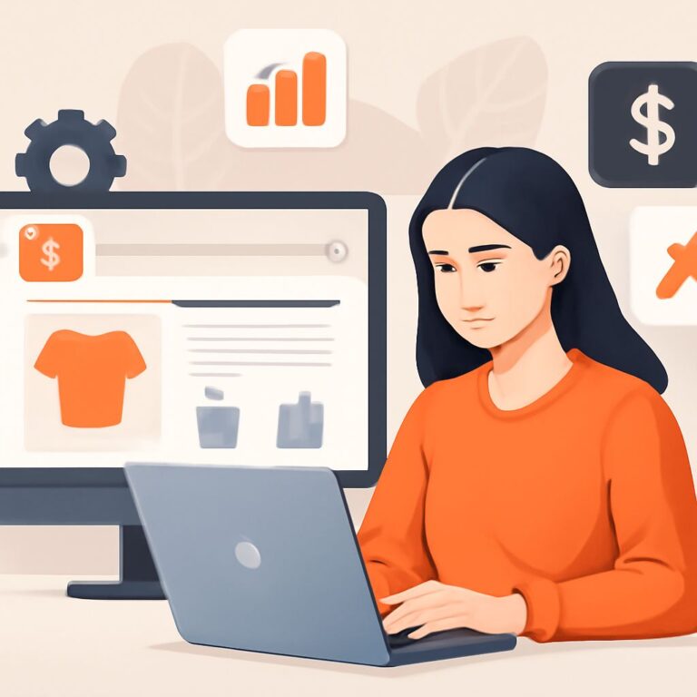 A woman in an orange shirt works on a laptop, analyzing e-commerce data displayed on a large monitor.