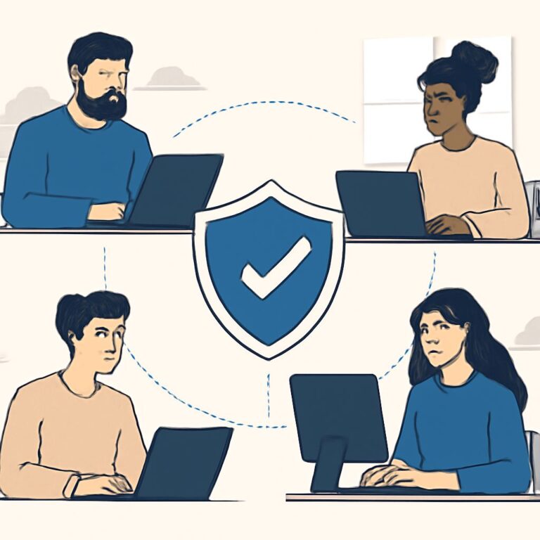 Four remote workers, two men and two women, collaborate on laptops, surrounded by a central shield symbolizing cybersecu