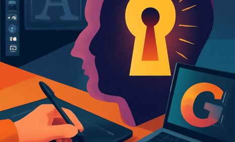 A hand holds a stylus over a drawing tablet, with a laptop displaying a colorful letter 'G' and a silhouette featuring a