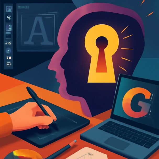 A hand holds a stylus over a drawing tablet, with a laptop displaying a colorful letter 'G' and a silhouette featuring a