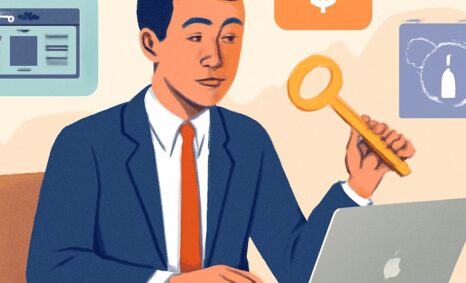 A man in a suit holds a large key while working on a laptop, with icons of money and a web page in the background.