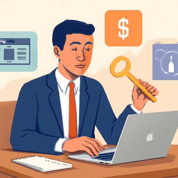 A man in a suit holds a large key while working on a laptop, with icons of money and a web page in the background.