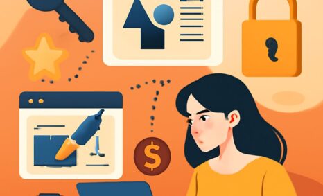 A woman in a yellow sweater works on a laptop, surrounded by icons representing design, security, and finance.