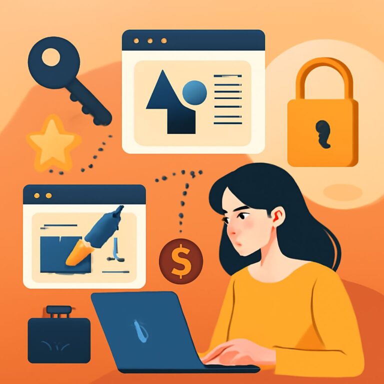 A woman in a yellow sweater works on a laptop, surrounded by icons representing design, security, and finance.
