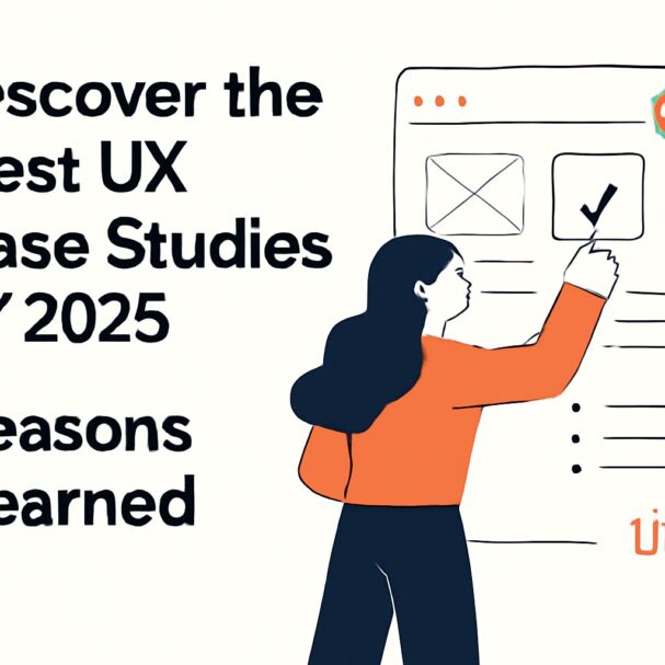 A woman in an orange shirt interacts with a digital interface showcasing UX case studies for 2025.