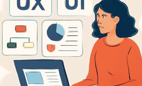 A woman with dark hair in an orange sweater works on a laptop, surrounded by UX and UI design charts and graphics.