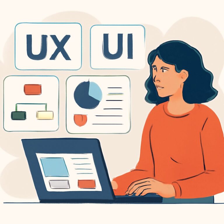 A woman with dark hair in an orange sweater works on a laptop, surrounded by UX and UI design charts and graphics.