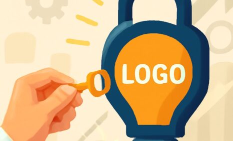 A hand holding a yellow key is poised to unlock a blue padlock with the word "LOGO" in orange.