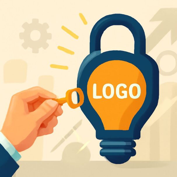 A hand holding a yellow key is poised to unlock a blue padlock with the word "LOGO" in orange.