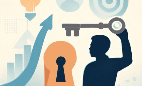 A silhouette of a person holding a key, surrounded by symbols of growth, targets, and lightbulbs, representing coaching.
