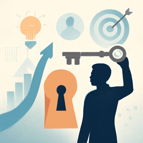 A silhouette of a person holding a key, surrounded by symbols of growth, targets, and lightbulbs, representing coaching.
