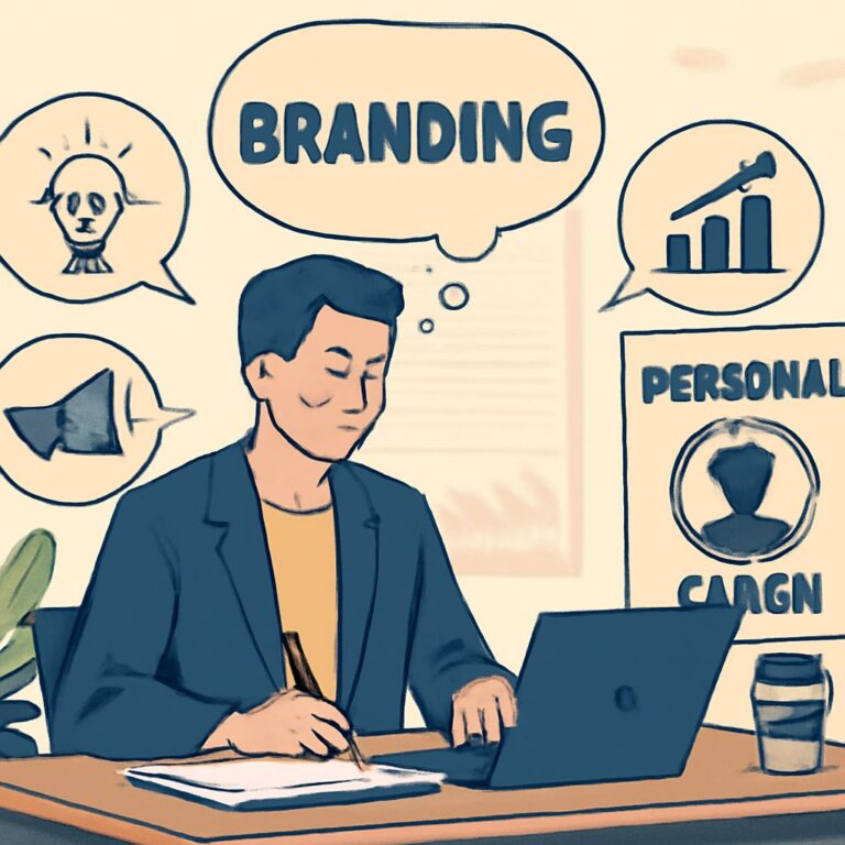 A man in a blazer writes notes at a desk, surrounded by branding concepts illustrated in thought bubbles.