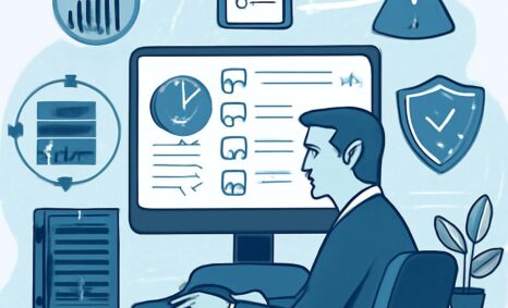 A man in a suit sits at a desk, focused on a computer screen displaying graphs and checklists related to IT operations.