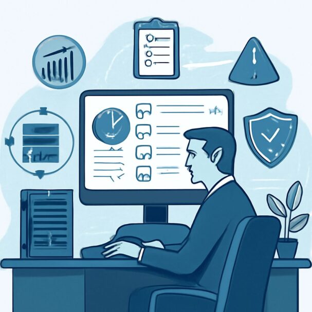 A man in a suit sits at a desk, focused on a computer screen displaying graphs and checklists related to IT operations.