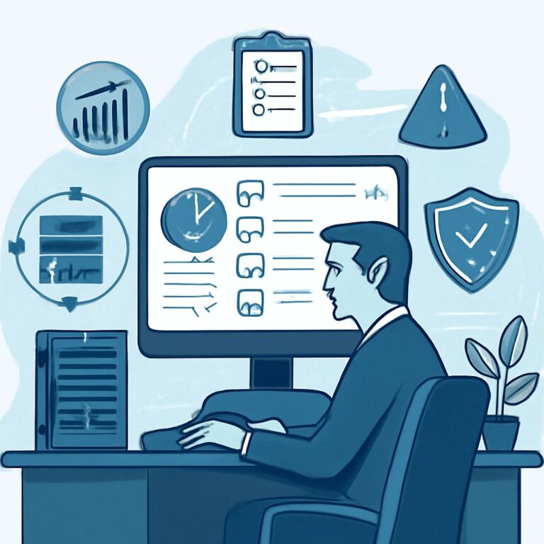 A man in a suit sits at a desk, focused on a computer screen displaying graphs and checklists related to IT operations.