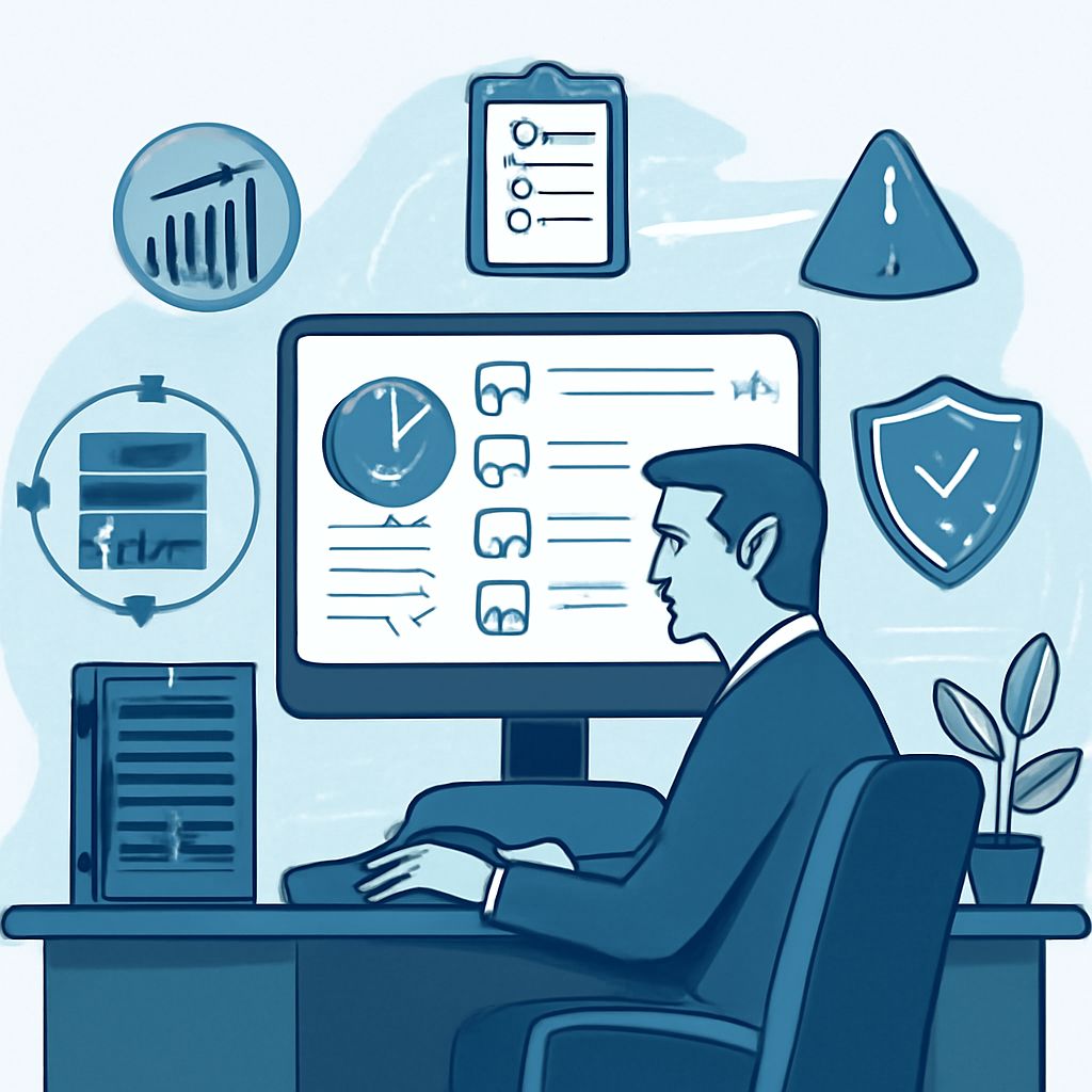 A man in a suit sits at a desk, focused on a computer screen displaying graphs and checklists related to IT operations.