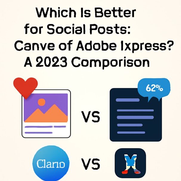 A comparison graphic showing Canva and Adobe Express for social posts, highlighting features and a 62% statistic.